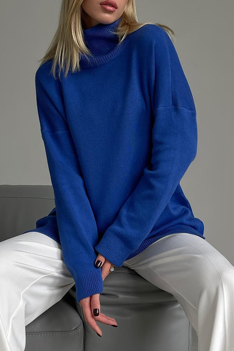 Casual Solid Color Slit Turtleneck Tops