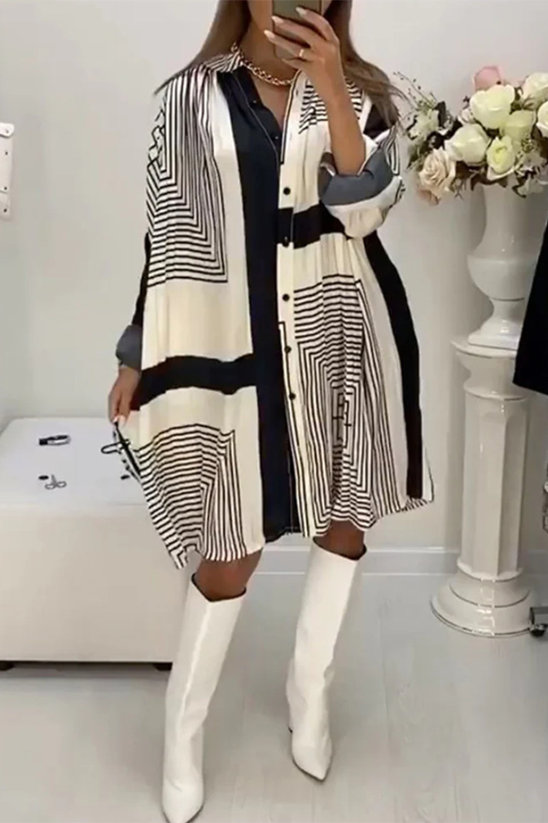 Casual Stripe Buttons Contrast V Neck Shirt Dresses