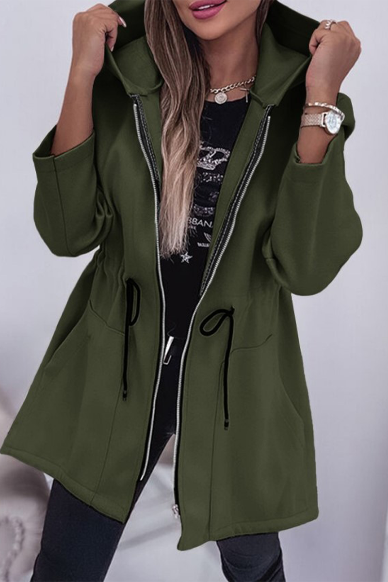 Casual Solid Color Draw String Pocket Hooded Outerwear