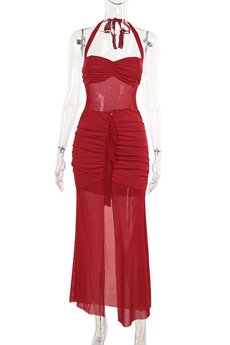 Sexy Patchwork High Slit Ruched Halter Dresses