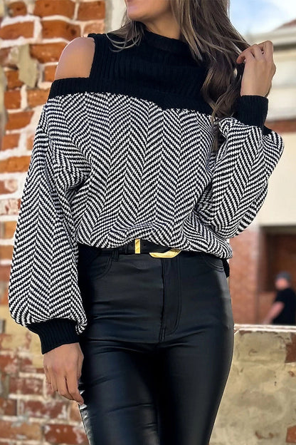 Casual Stripe Weave Contrast Half A Turtleneck Tops