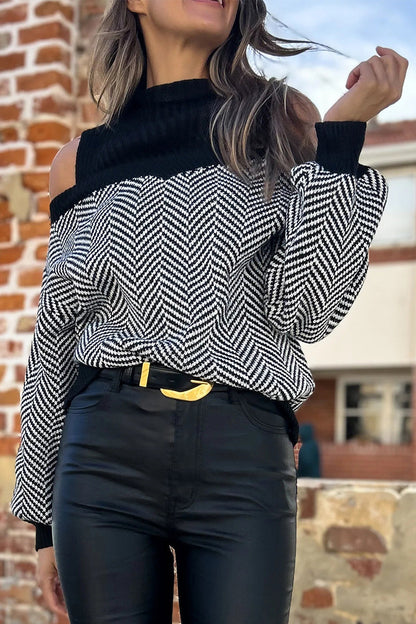 Casual Stripe Weave Contrast Half A Turtleneck Tops