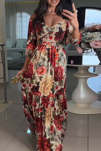 Sexy Floral Print Cross Straps V Neck A Line Dresses