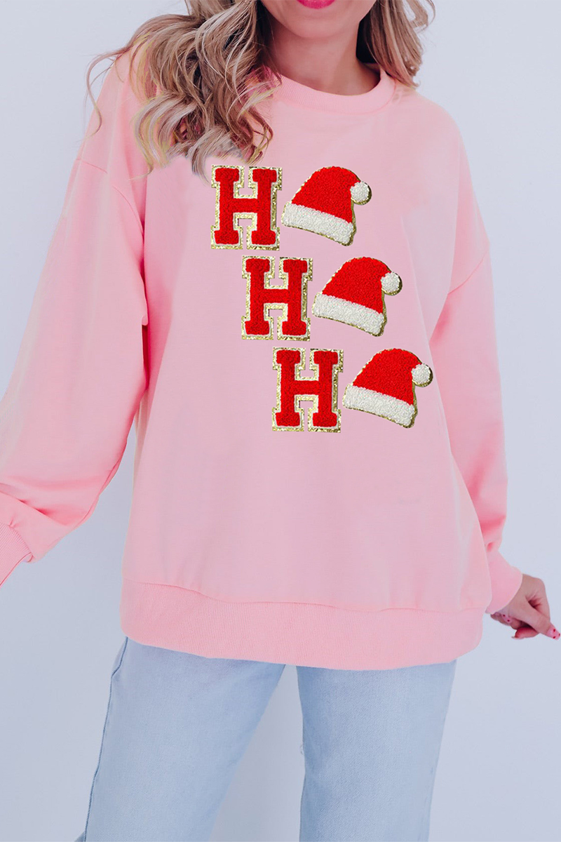 Casual Santa Hats Letters Embroidered Sequins O Neck Sweats