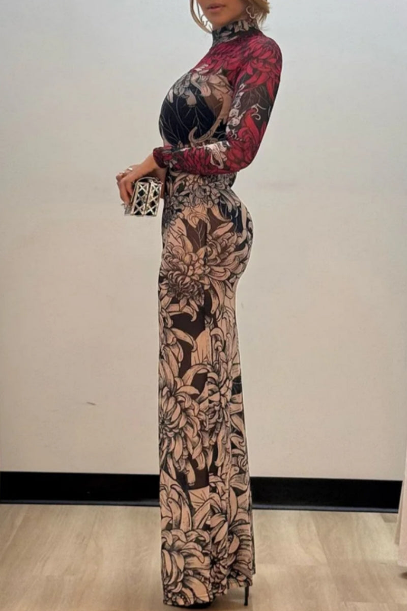 Sexy Print See-Through Turtleneck Long Dresses