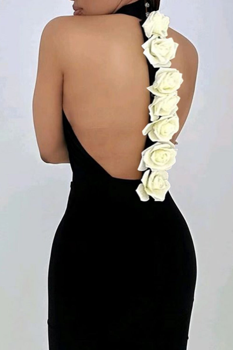 Sexy Party Hot Solid Color Flowers Patchwork Backless Halter Wrapped Skirt Dresses