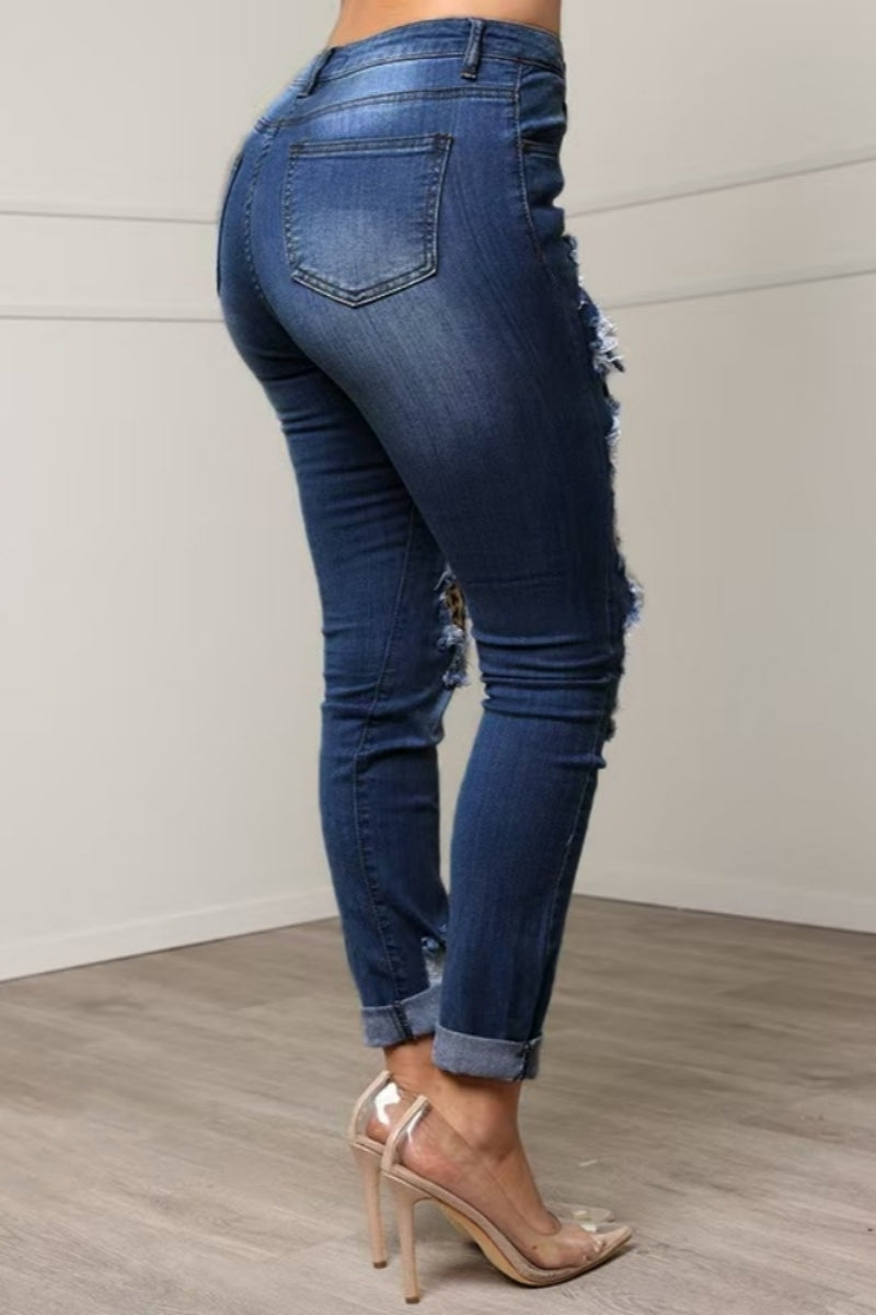 Casual Patchwork Ripped Patch Mid Waist Regular Denim Jeans