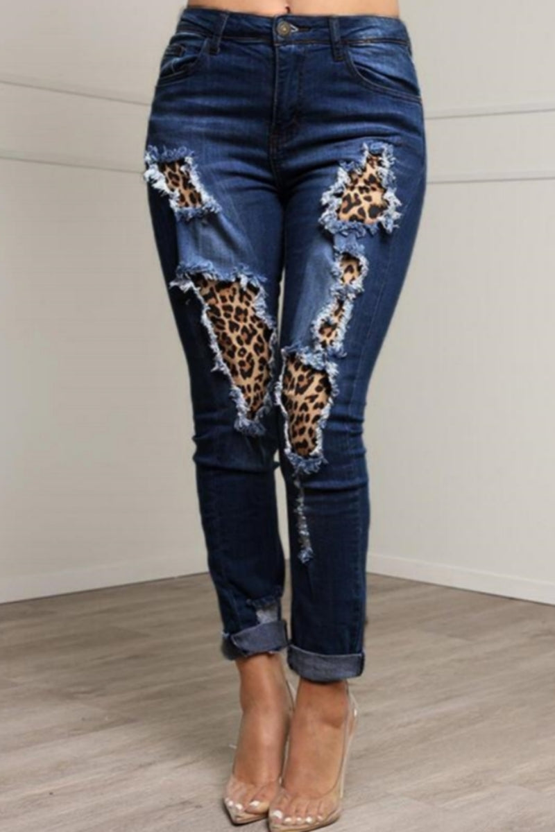 Casual Patchwork Ripped Patch Mid Waist Regular Denim Jeans