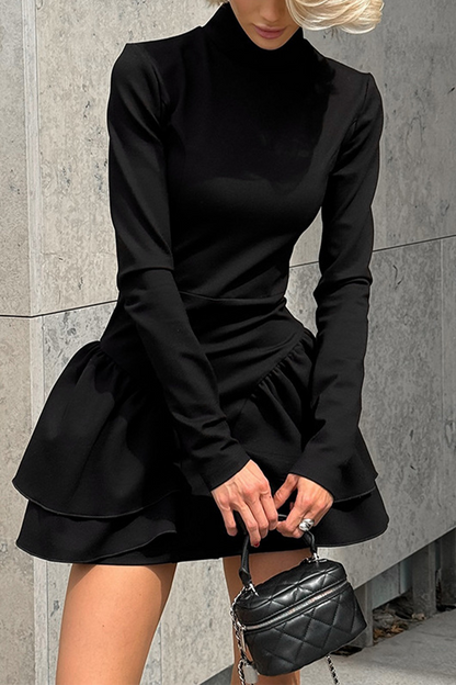 Casual Solid Color Patchwork Ruffle Zipper Turtleneck A Line Dresses