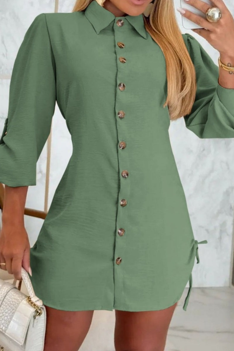 Casual Solid Color Lace Up Buttons Turndown Collar Shirt Dresses