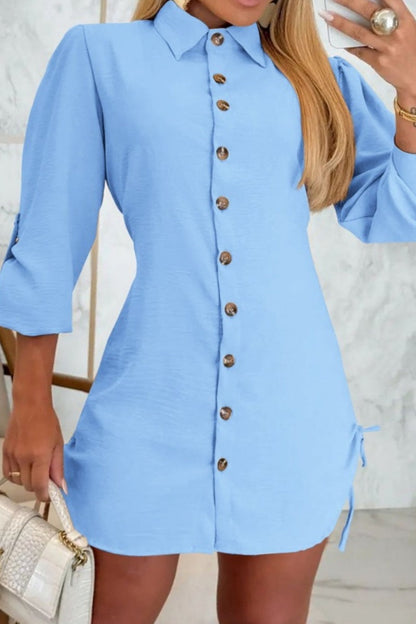 Casual Solid Color Lace Up Buttons Turndown Collar Shirt Dresses