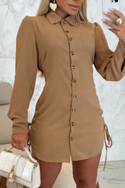 Casual Solid Color Lace Up Buttons Turndown Collar Shirt Dresses