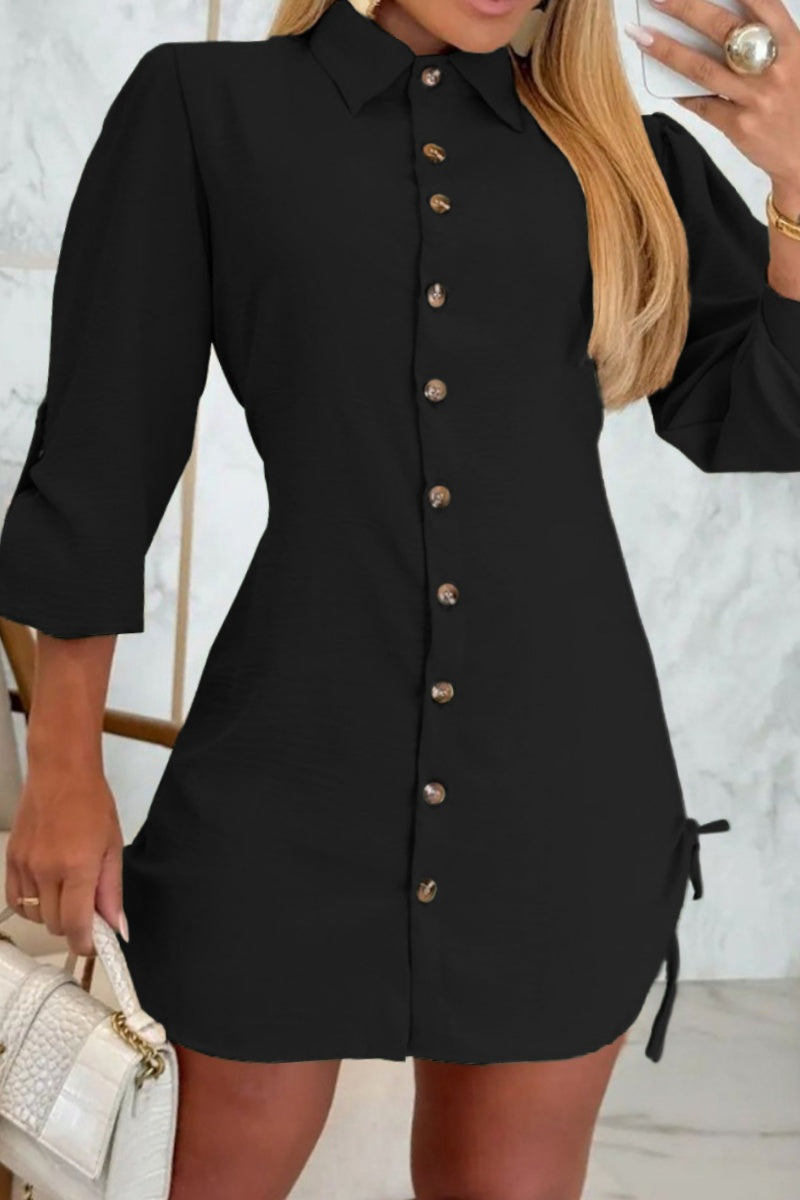 Casual Solid Color Lace Up Buttons Turndown Collar Shirt Dresses