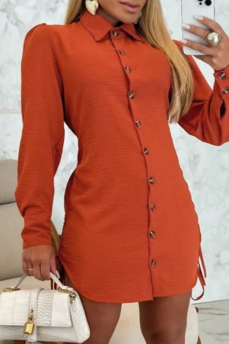 Casual Solid Color Lace Up Buttons Turndown Collar Shirt Dresses