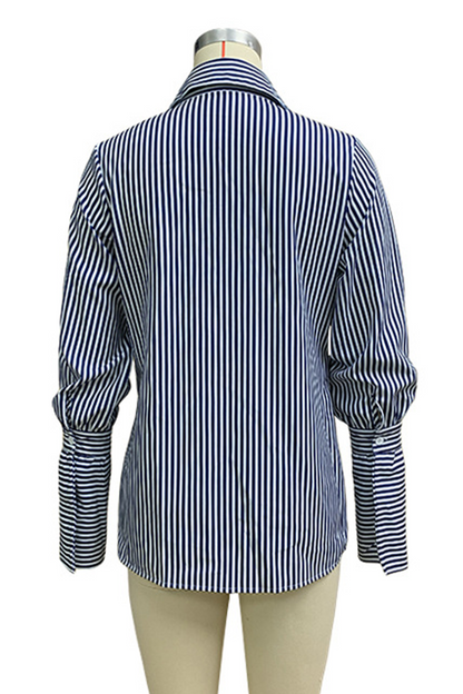 Casual Stripe Pocket Patchwork Contrast Turndown Collar Blouses