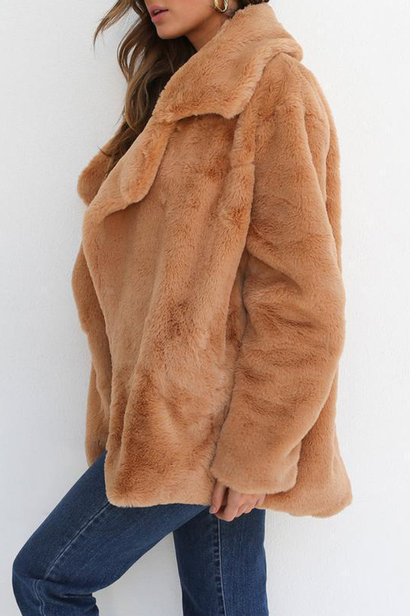 Casual Solid Color Patchwork Fluffy Turndown Collar Outerwear