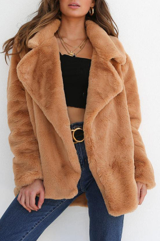 Casual Solid Color Patchwork Fluffy Turndown Collar Outerwear