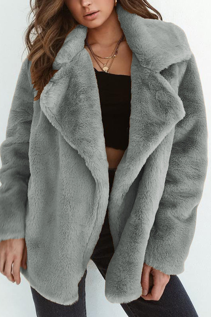 Casual Solid Color Patchwork Fluffy Turndown Collar Outerwear