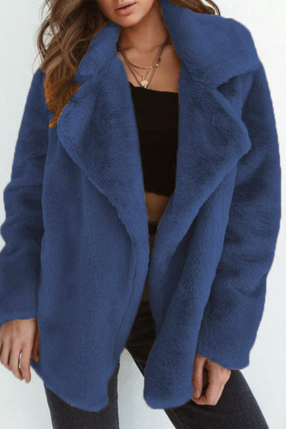 Casual Solid Color Patchwork Fluffy Turndown Collar Outerwear