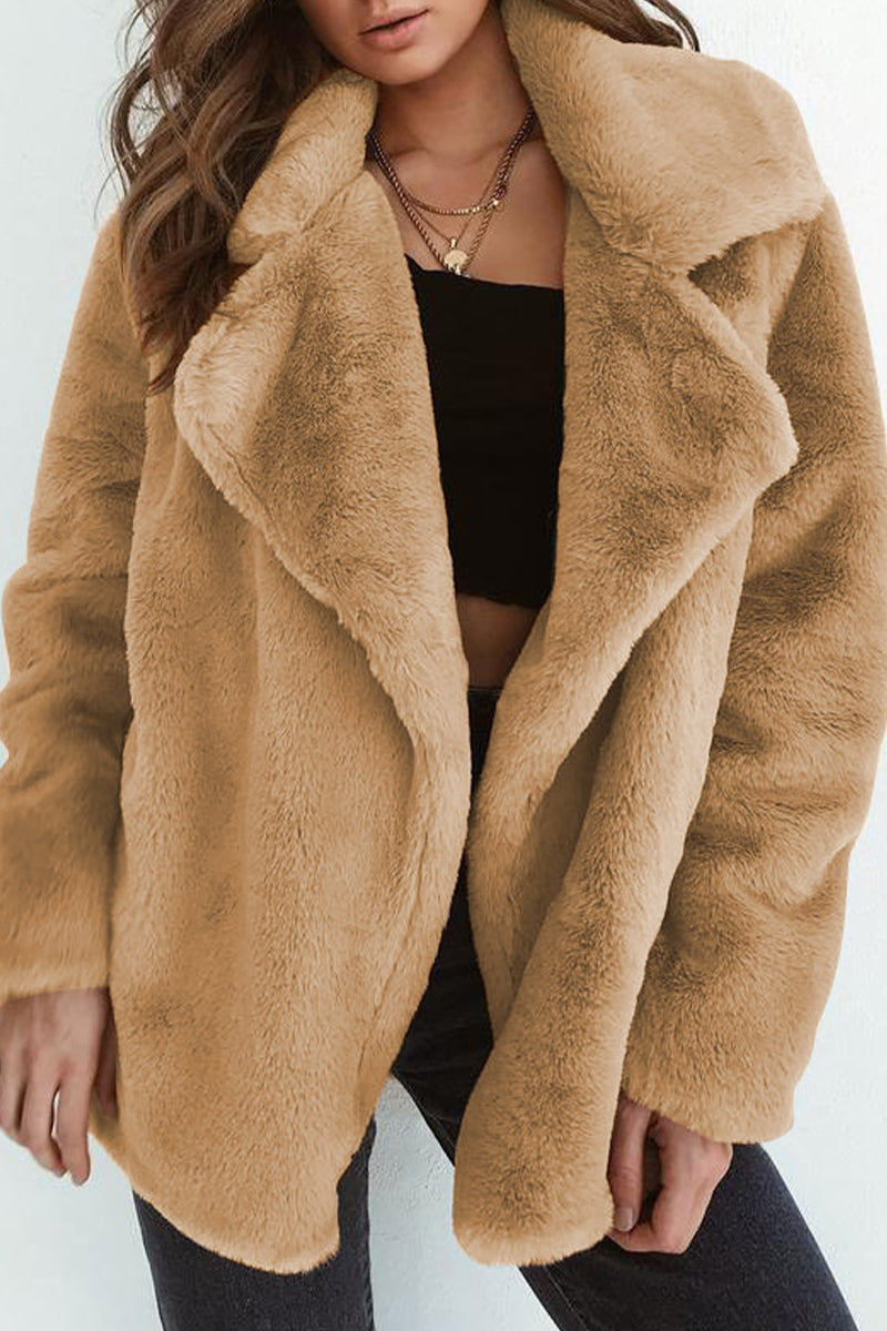 Casual Solid Color Patchwork Fluffy Turndown Collar Outerwear