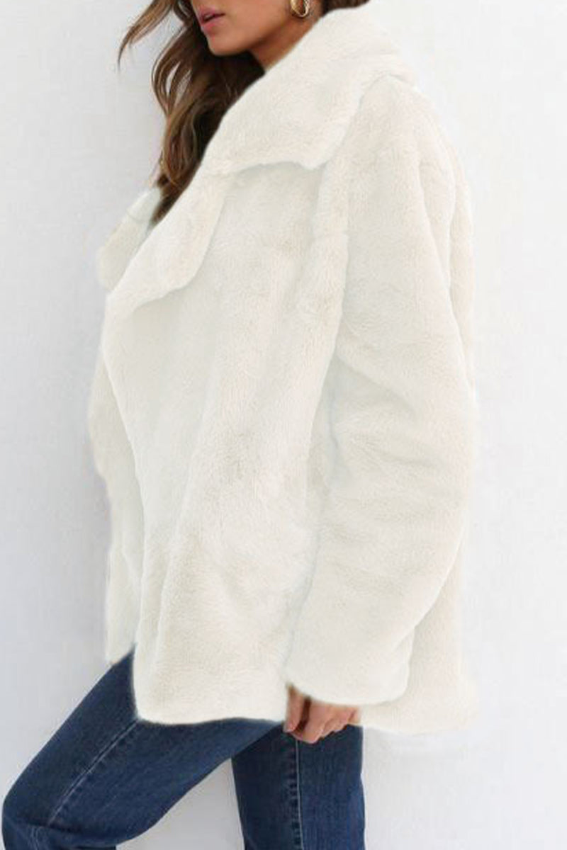 Casual Solid Color Patchwork Fluffy Turndown Collar Outerwear