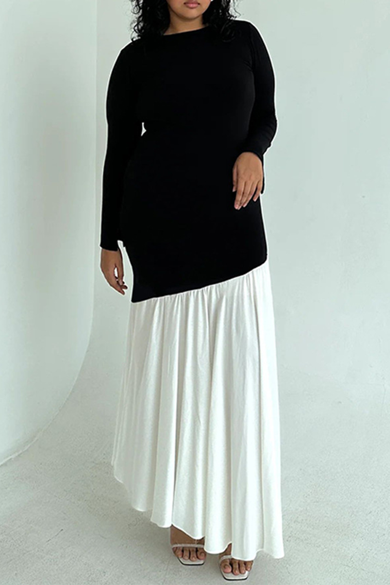 Elegant Solid Color Ruched Contrast O Neck Long Dresses