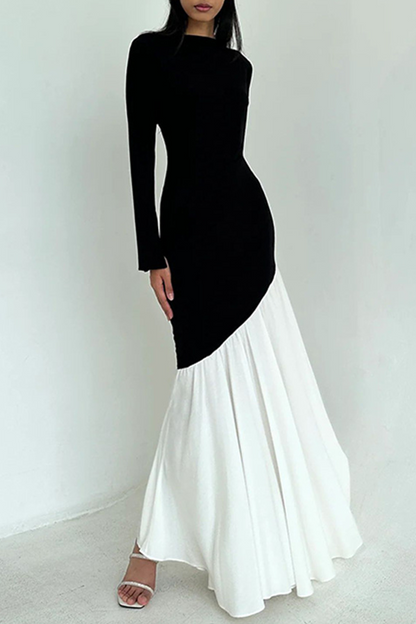 Elegant Solid Color Ruched Contrast O Neck Long Dresses