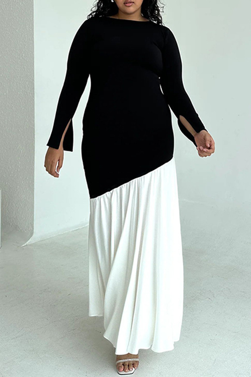 Elegant Solid Color Ruched Contrast O Neck Long Dresses