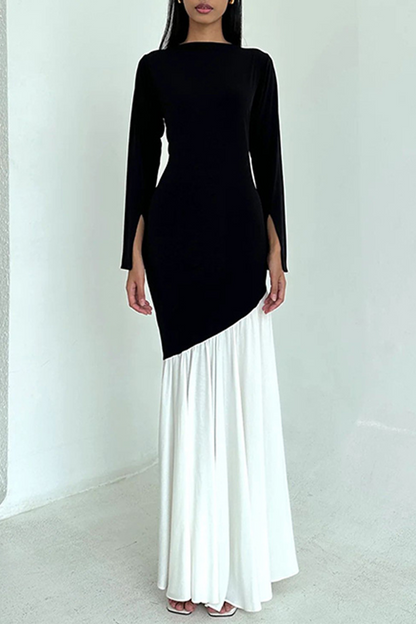 Elegant Solid Color Ruched Contrast O Neck Long Dresses