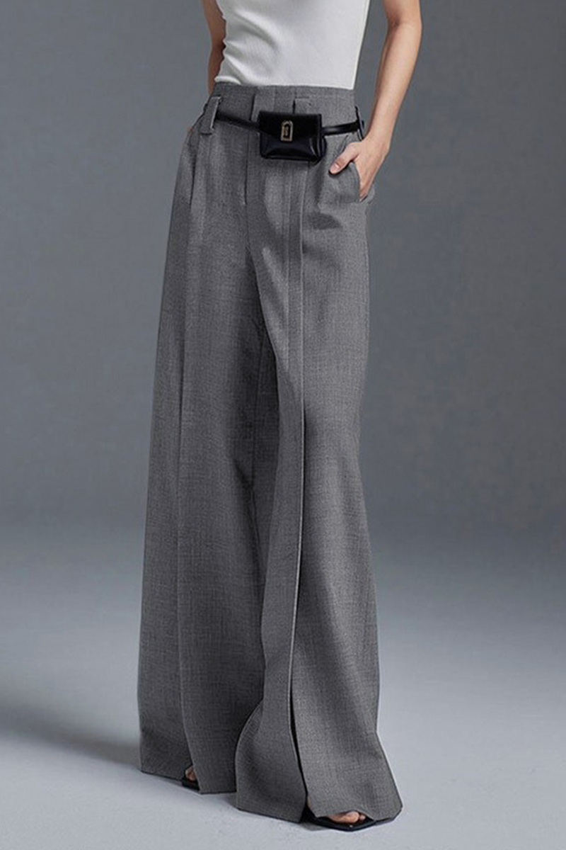 Casual Solid Color Pocket Slit Ruched Loose High Waist Wide Leg Solid Color Bottoms(No waist belt)