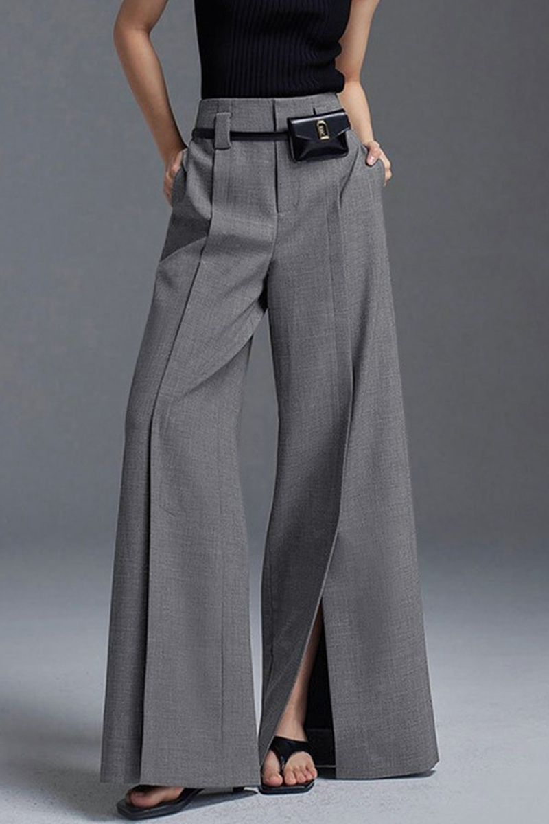 Casual Solid Color Pocket Slit Ruched Loose High Waist Wide Leg Solid Color Bottoms(No waist belt)