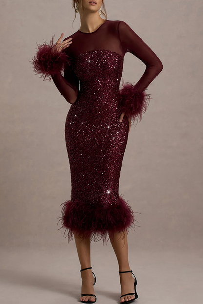 Sexy Party Solid Color Sequins Feather Trim O Neck Evening Dresses