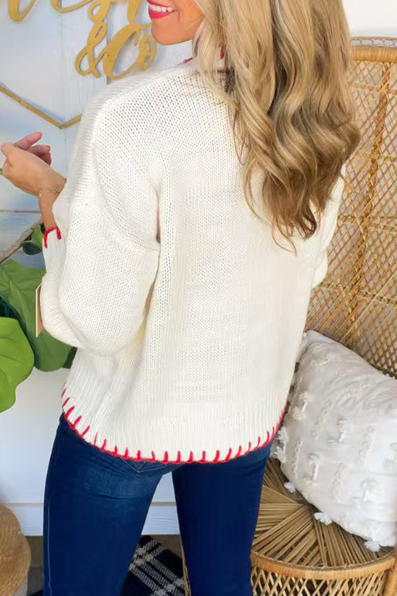 Casual Bow Weave Contrast O Neck Tops