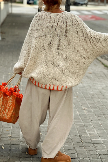 Casual Street The stars Weave Contrast V Neck Tops