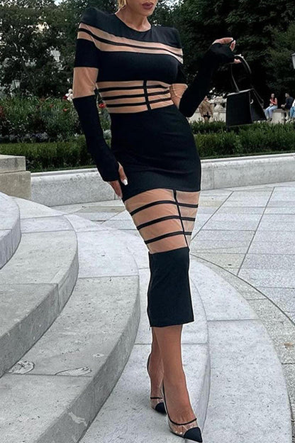 Sexy Solid Color See-Through Mesh O Neck Long Sleeve Dresses