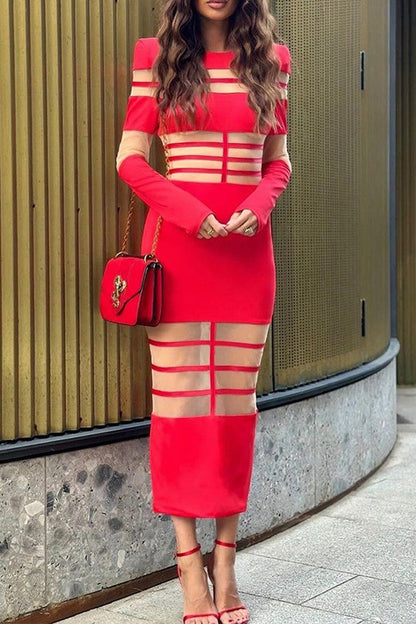 Sexy Solid Color See-Through Mesh O Neck Long Sleeve Dresses