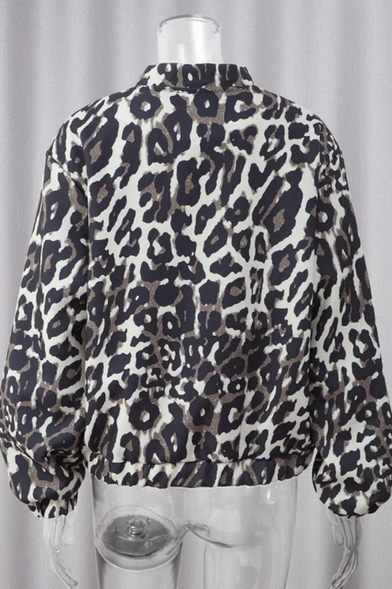 Casual Leopard Print Patchwork Zipper Collar Outerwear