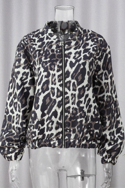 Casual Leopard Print Patchwork Zipper Collar Outerwear