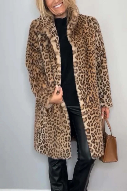 Casual Leopard Patchwork Fluffy Turndown Collar Outerwear