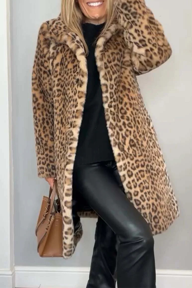 Casual Leopard Patchwork Fluffy Turndown Collar Outerwear