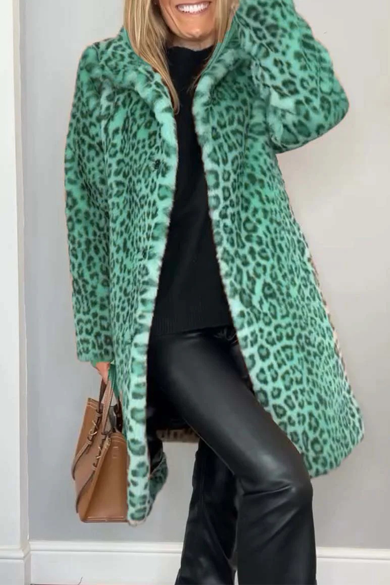 Casual Leopard Patchwork Fluffy Turndown Collar Outerwear