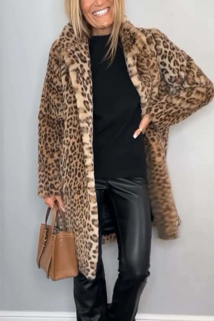 Casual Leopard Patchwork Fluffy Turndown Collar Outerwear