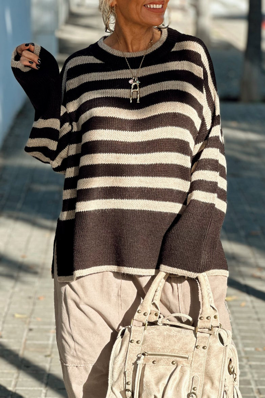 Casual Stripe Weave Contrast O Neck Tops