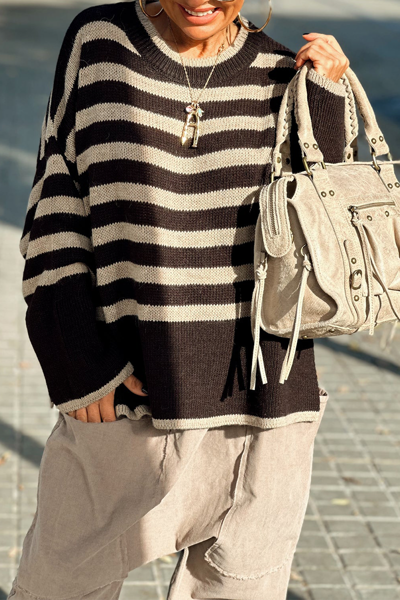 Casual Stripe Weave Contrast O Neck Tops