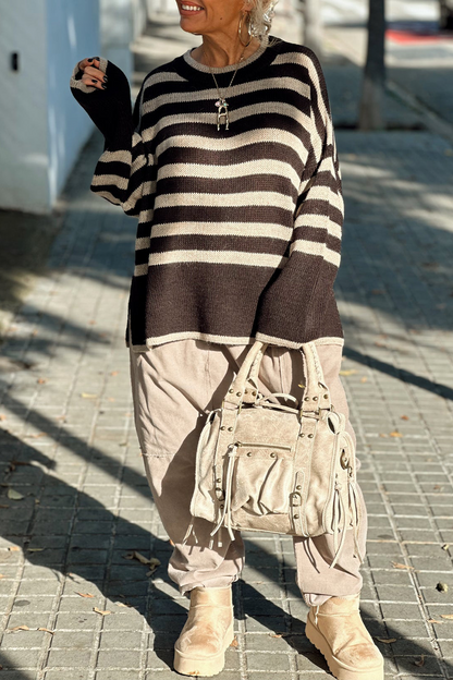 Casual Stripe Weave Contrast O Neck Tops