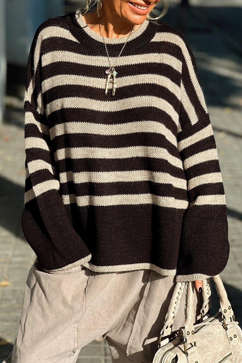 Casual Stripe Weave Contrast O Neck Tops