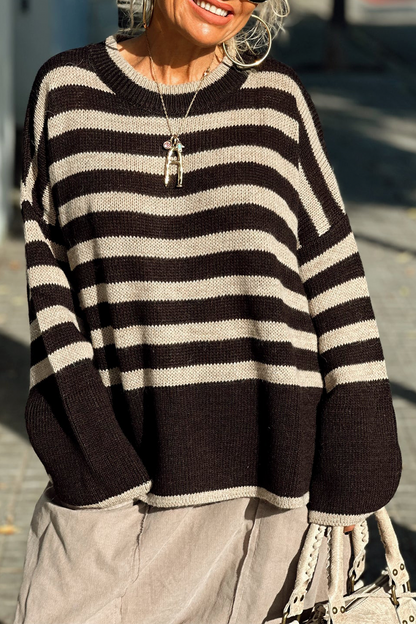 Casual Stripe Weave Contrast O Neck Tops