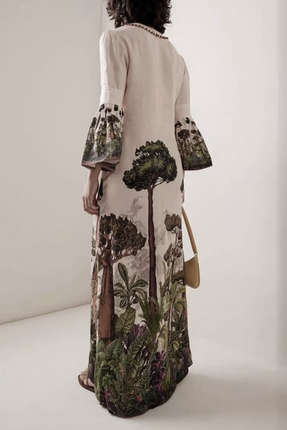 Robe trapèze élégante à imprimé floral, volants, col en V et perles