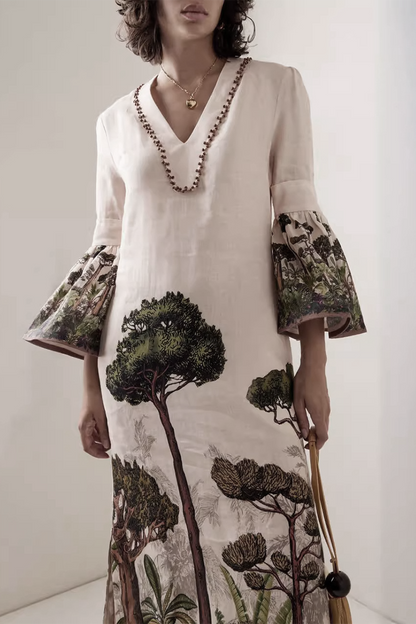 Robe trapèze élégante à imprimé floral, volants, col en V et perles