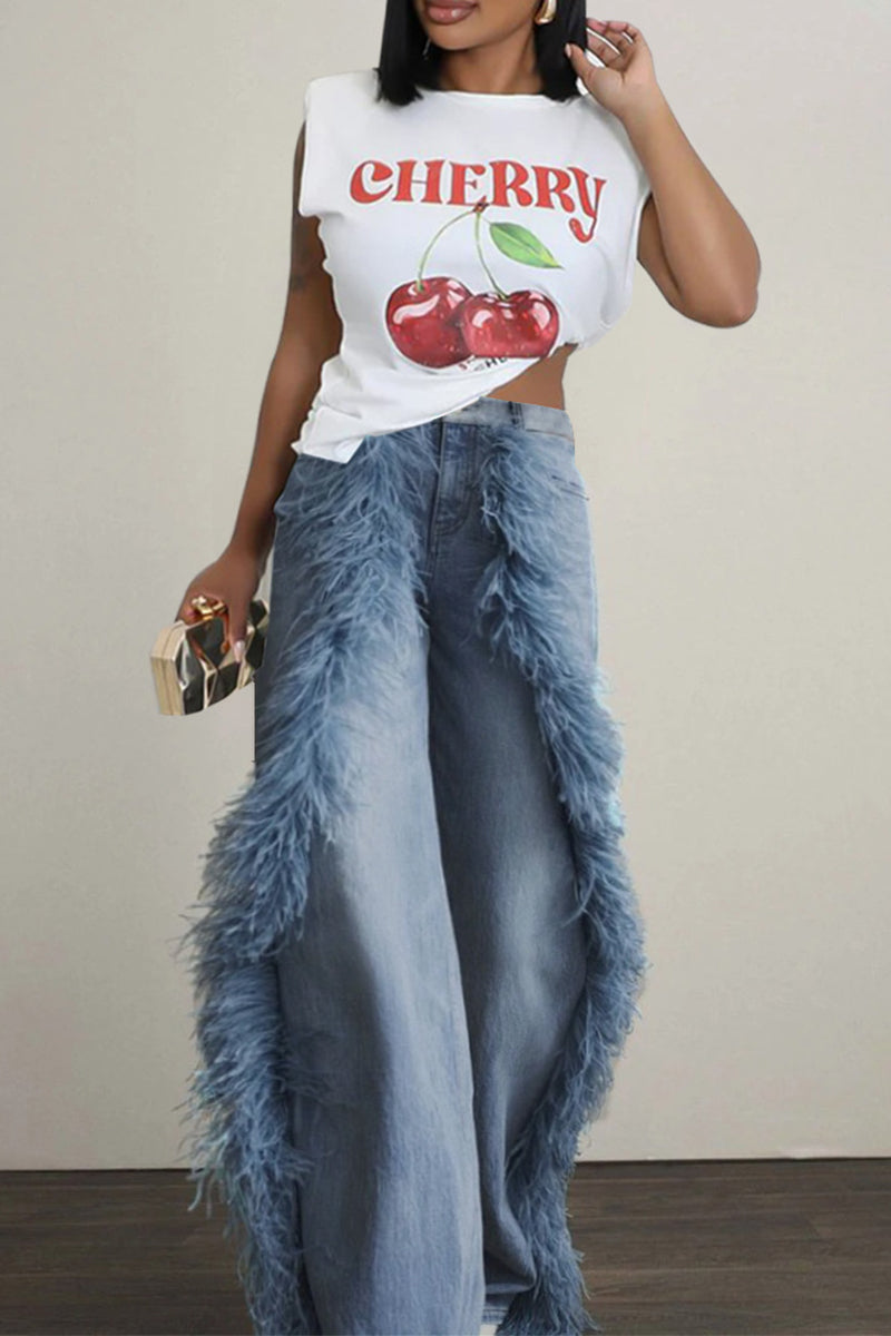 Daily Solid Color Patchwork Fluffy Mid Waist Loose Denim Jeans